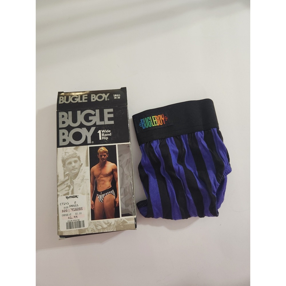 Bugle Boy Briefs Purple Black Striped Vintage Wide Band Hip‎ Small 28-30